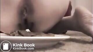 Woman shitting on a white plate