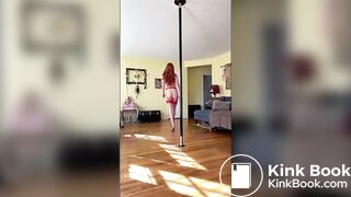 Ginger pole dancer in sexy red lingerie pooping