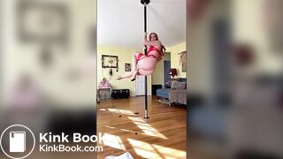 Ginger pole dancer in sexy red lingerie pooping