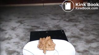 Fat hairy woman piss on a glass and shit on a platea_plate