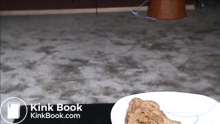 Fat hairy woman piss on a glass and shit on a platea_plate