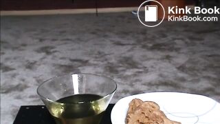 Fat hairy woman piss on a glass and shit on a platea_plate