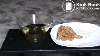 Fat hairy woman piss on a glass and shit on a platea_plate