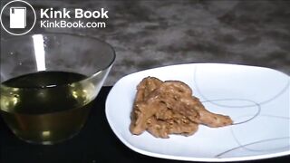 Fat hairy woman piss on a glass and shit on a platea_plate