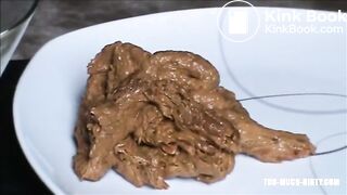 Fat hairy woman piss on a glass and shit on a platea_plate