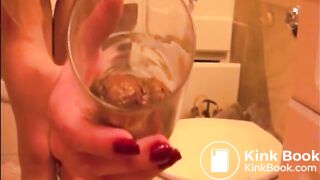 Blonde girl shitting in a glass