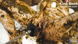 Catwoman Lyndra masturbates in cowshit