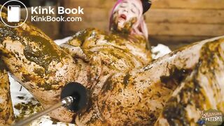 Catwoman Lyndra masturbates in cowshit