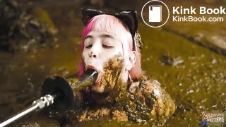 Catwoman Lyndra masturbates in cowshit