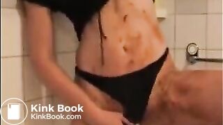 Dirty girl shitting and masturbating with shitty dildo