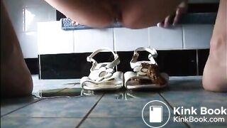 Girl shitting on sandals then wearing it_t