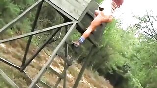 Girl with a pierced clit pooping on the slide