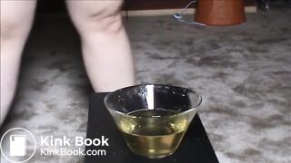 Fat hairy woman piss on a glass and shit on a plate