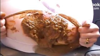 Woman shitting a big diarrhea on white pantyhose