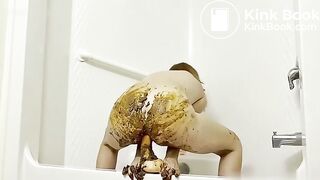 Dirty slut scat anal dildo and bath in shit