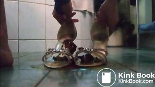 Girl shit on sandal then wear it