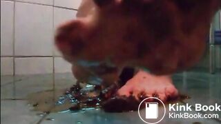 Girl shit on sandal then wear it