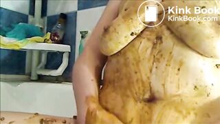 Big woman is smearing shit on her breast