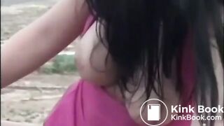 Pretty brunette shit outdoors