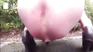 Blonde mature shitting an hard turd in a public parking