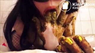 Brunette in fishnet smearing shit
