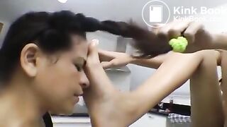 Giant Latina goddess force feed scat to skinny slave