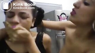 Giant Latina goddess force feed scat to skinny slave