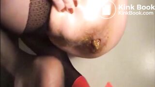 Hairy milf in high heels and lingerie shitting on the floor