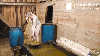 Cleaning ends in a mess - girl falls in to cowshit