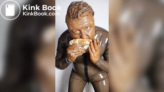 Full head shit smearing & eating in brown rubber