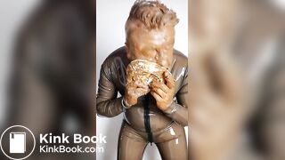 Full head shit smearing & eating in brown rubber