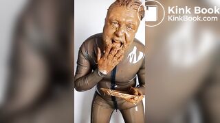 Full head shit smearing & eating in brown rubber