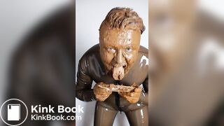 Full head shit smearing & eating in brown rubber
