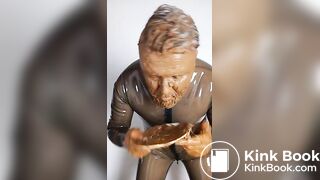 Full head shit smearing & eating in brown rubber
