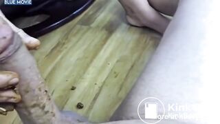 Hottie covers his cock with her shit then sucks it