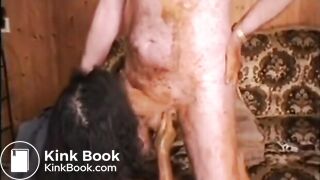 Slag Sucks Old Chap's Shitty Cock in Shit 3way FFM