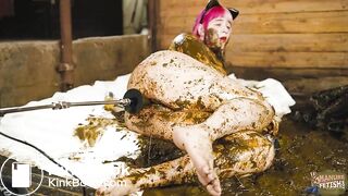 Catwoman Lyndra plays in cowshit