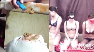 3 girls feed their slave with poop