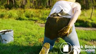 Collecting cowshit and masturbate in manure