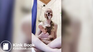 Trans girl plays with her shitty diaper in a cage