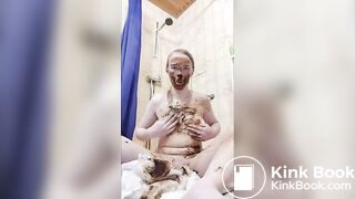 Trans girl plays with her shitty diaper in a cage