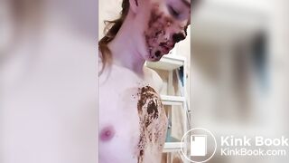 Trans girl plays with her shitty diaper in a cage