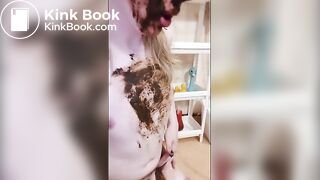 Trans girl plays with her shitty diaper in a cage