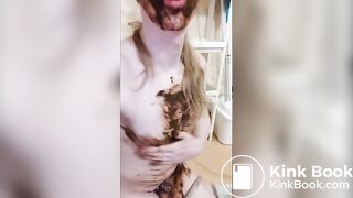 Trans girl plays with her shitty diaper in a cage