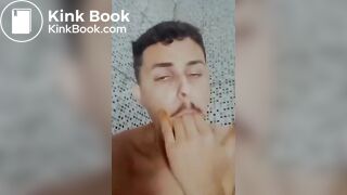 Brazilian twink dirtying his dildo with shit