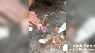 Nasty portapotty floor for worthless human toilet