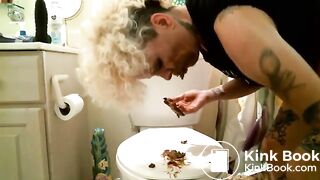 Tattooed blonde shitting and eating her shit  - Scat Fan Club