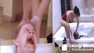 Sadistic girl shits into toilet slave's mouth pool