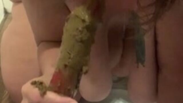 Eating shit and gagging on shitty dildo