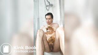 guy with shit and a big dildo in the shower